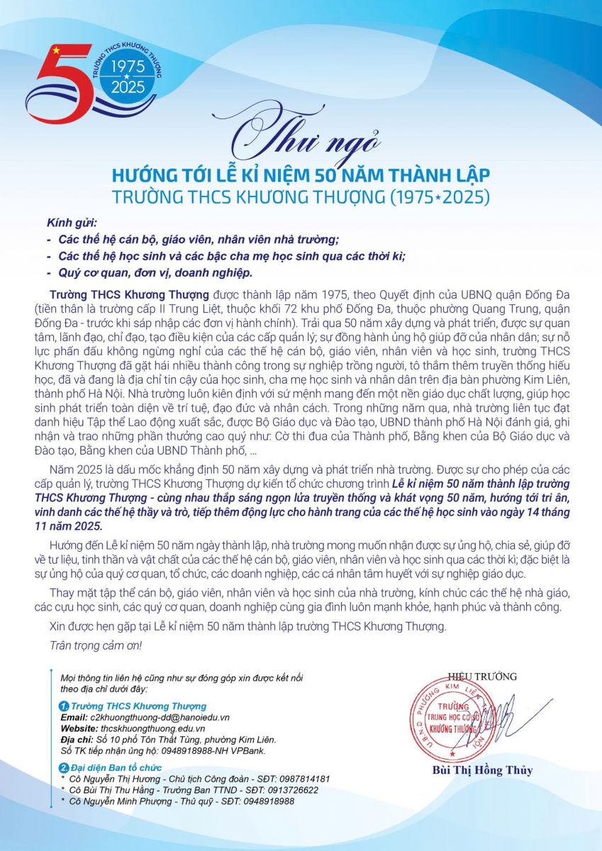 Thư ngỏ hướng tới kỷ niệm 50 năm thành lập Trường THCS Khương Thượng 1975 – 2025
