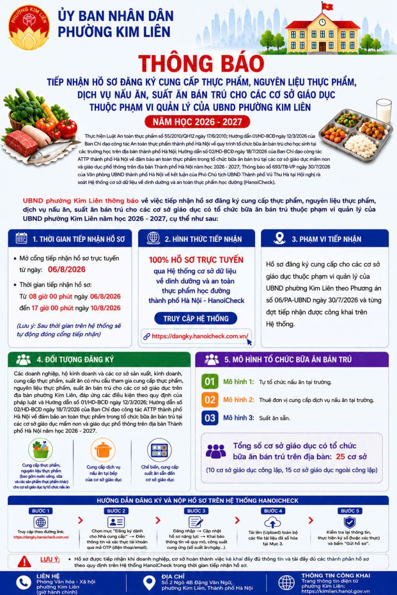 Thông báo tiếp nhận hồ sơ đăng ký cung cấp thực phẩm nguyên liệu thực phẩm dịch vụ nấu ăn suất ăn bán trú năm học 2026–2027